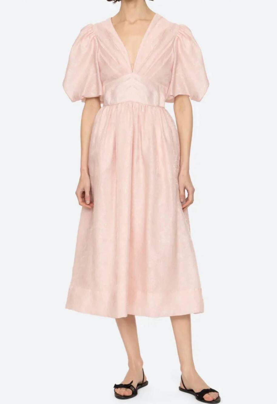 NEW SEA florence embossed puff sleeve midi dress in pink